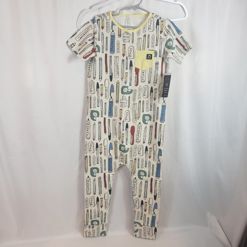RAGS Short Sleeve Cream Crayon Romper with Pencils, Crayons and Markers 5/6 Y